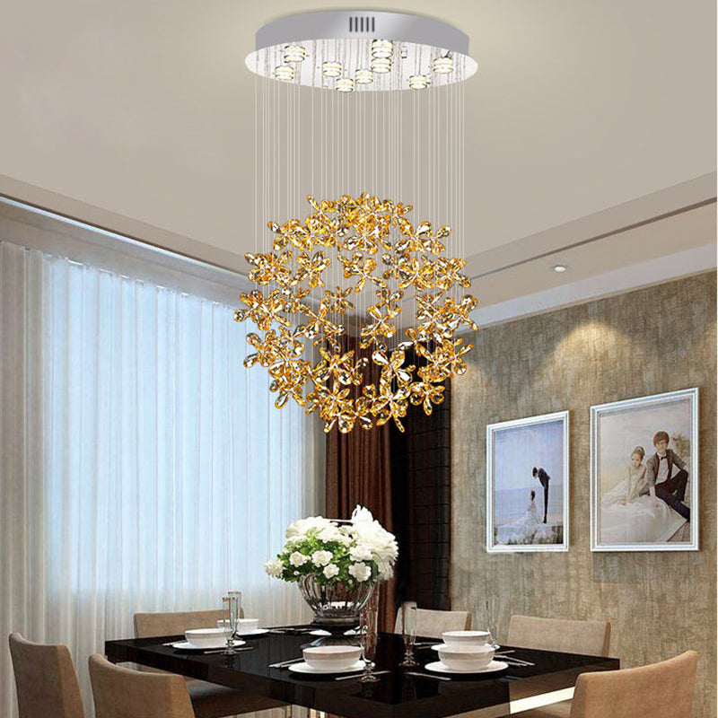 Modern Clear Crystal Sphere Flush Light - 16/19.5 W Nickel Ceiling Fixture With 9 Lights Dining Room