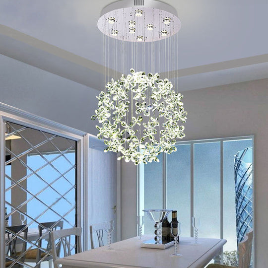 Modern Clear Crystal Sphere Flush Light - 16"/19.5" W Nickel Ceiling Fixture with 9 Lights - Dining Room Mount