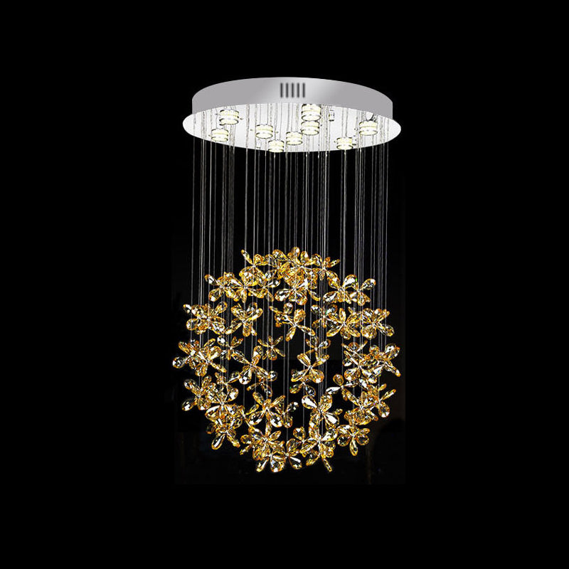 Modern Clear Crystal Sphere Flush Light - 16"/19.5" W Nickel Ceiling Fixture with 9 Lights - Dining Room Mount