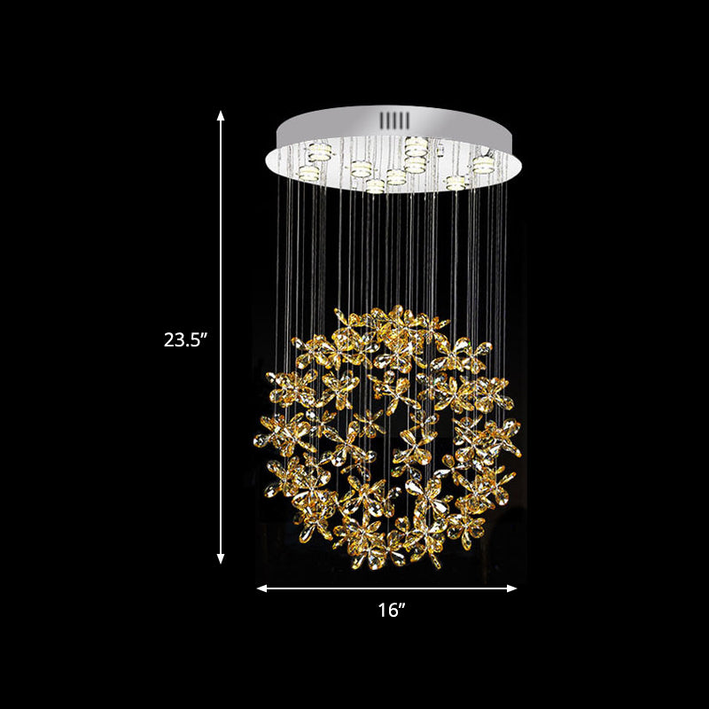 Modern Clear Crystal Sphere Flush Light - 16"/19.5" W Nickel Ceiling Fixture with 9 Lights - Dining Room Mount