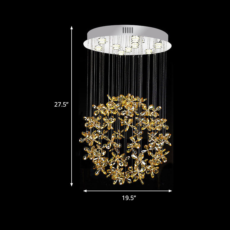 Modern Clear Crystal Sphere Flush Light - 16"/19.5" W Nickel Ceiling Fixture with 9 Lights - Dining Room Mount