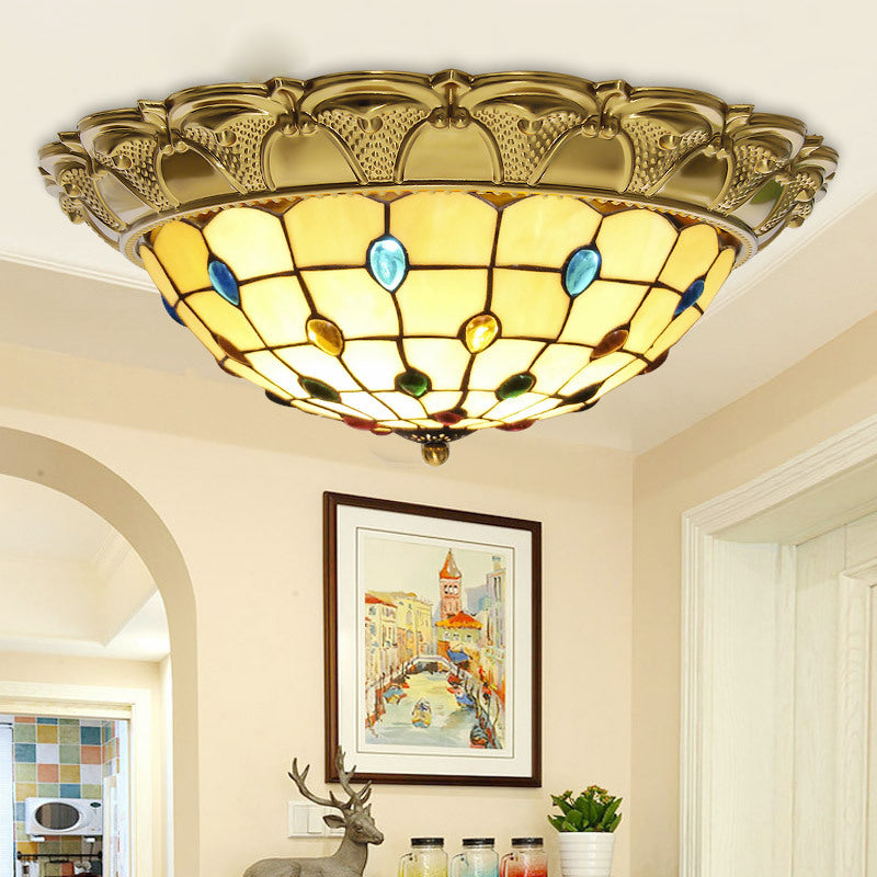 Lattice Bowl Flushmount LED Stained Glass Tiffany Style Ceiling Fixture in Brass, Various Sizes