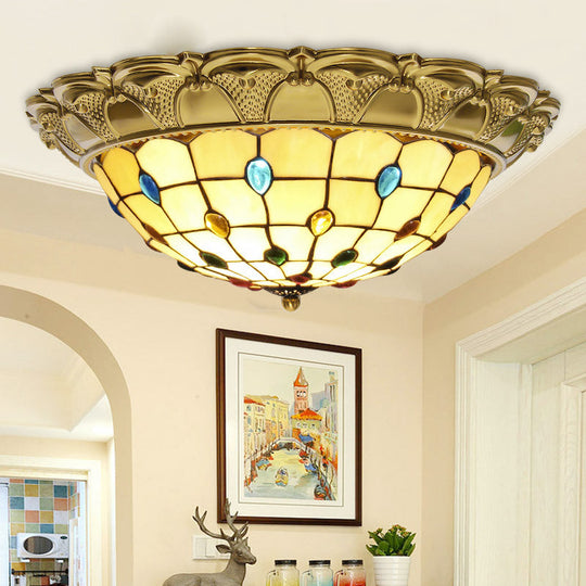 Lattice Bowl Flushmount LED Stained Glass Tiffany Style Ceiling Fixture in Brass, Various Sizes