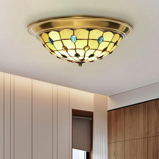Lattice Bowl Flushmount LED Stained Glass Tiffany Style Ceiling Fixture in Brass, Various Sizes