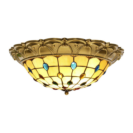 Lattice Bowl Flushmount LED Stained Glass Tiffany Style Ceiling Fixture in Brass, Various Sizes