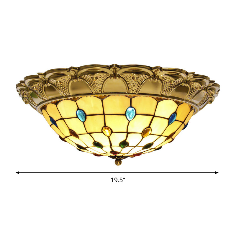 Lattice Bowl Flushmount LED Stained Glass Tiffany Style Ceiling Fixture in Brass, Various Sizes