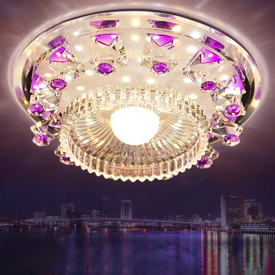 Minimalist LED Ceiling Light in Blue/Purple with Crystal Cubic Flush Mount & Clear Ribbed Glass Shade