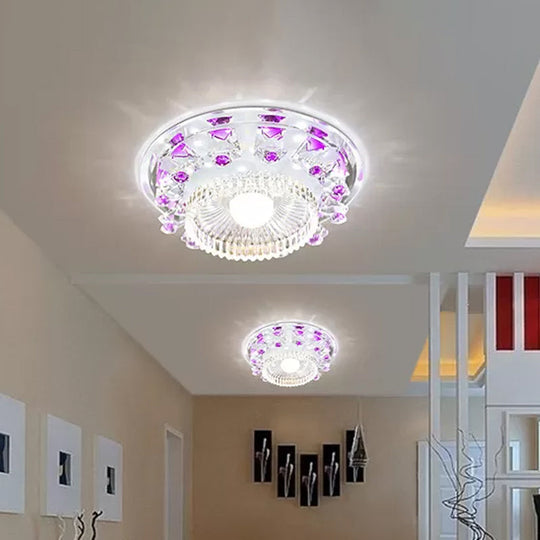 Minimalist LED Ceiling Light in Blue/Purple with Crystal Cubic Flush Mount & Clear Ribbed Glass Shade