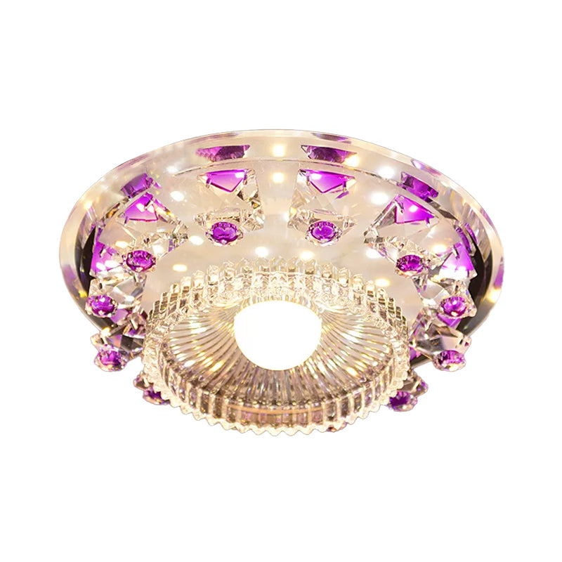 Minimalist LED Ceiling Light in Blue/Purple with Crystal Cubic Flush Mount & Clear Ribbed Glass Shade