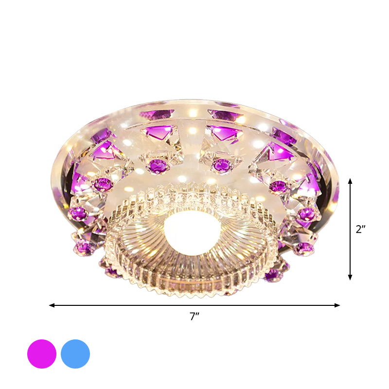 Minimalist LED Ceiling Light in Blue/Purple with Crystal Cubic Flush Mount & Clear Ribbed Glass Shade