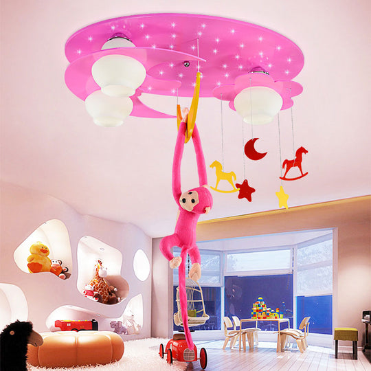 Decorative Metal Moon & Star Ceiling Light for Child's Bedroom with Hanging Monkey