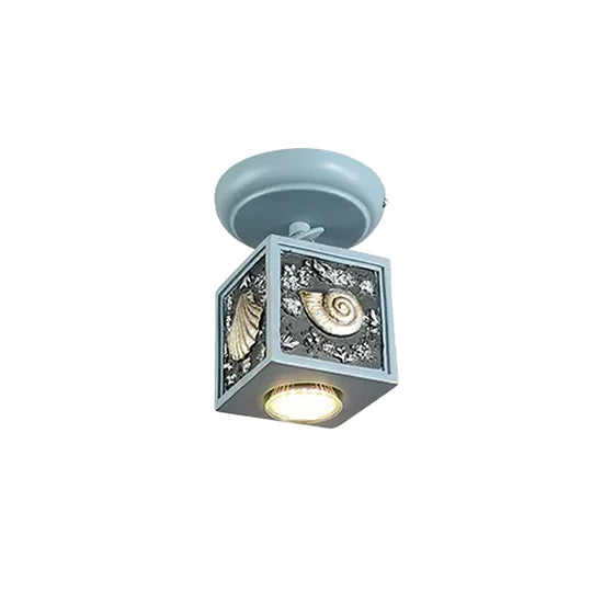 Cartoon Resin 1/2-Head Light/Sky Blue Ceiling Lamp - Cube Semi Mount with Conch Deco