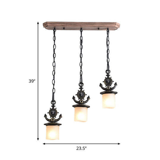 Black Cylinder Suspension Lamp: Creative 3-Light Pendant With Opaque Glass Anchor Chain Linear/Round