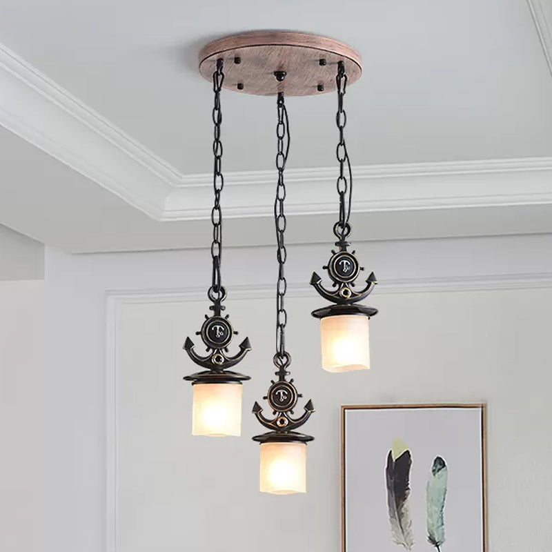 Black Cylinder Suspension Lamp: Creative 3-Light Pendant With Opaque Glass Anchor Chain Linear/Round