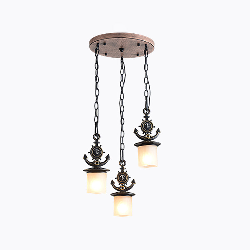 Black Cylinder Suspension Lamp: Creative 3-Light Pendant With Opaque Glass Anchor Chain Linear/Round