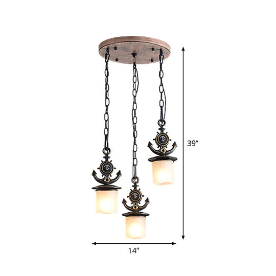 Black Cylinder Suspension Lamp: Creative 3-Light Pendant With Opaque Glass Anchor Chain Linear/Round