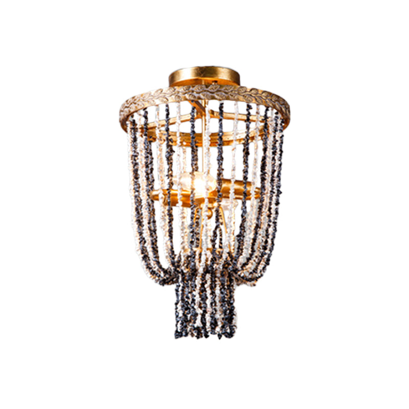 Antiqued Metal 2-Light Brass Flushmount: Basket Dining Room Lighting with Stone Chain
