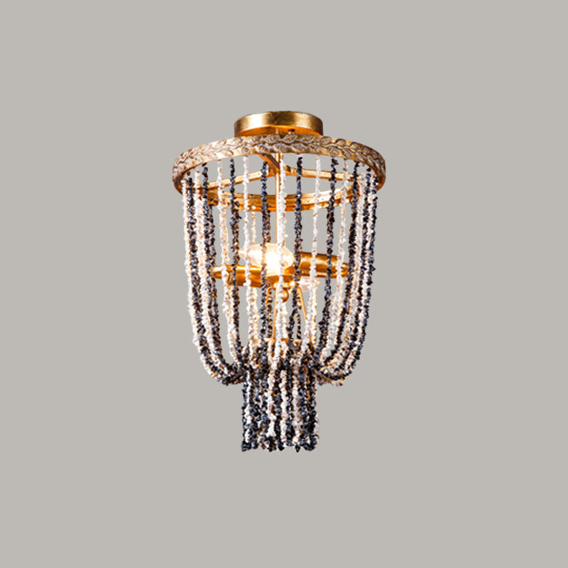 Antiqued Metal 2-Light Brass Flushmount: Basket Dining Room Lighting with Stone Chain