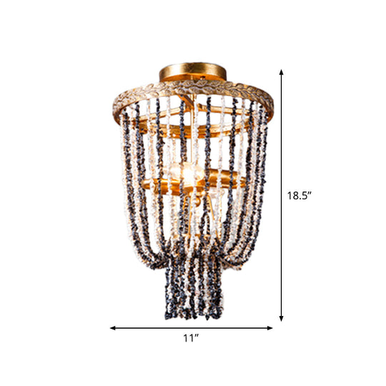 Antiqued Metal 2-Light Brass Flushmount: Basket Dining Room Lighting with Stone Chain