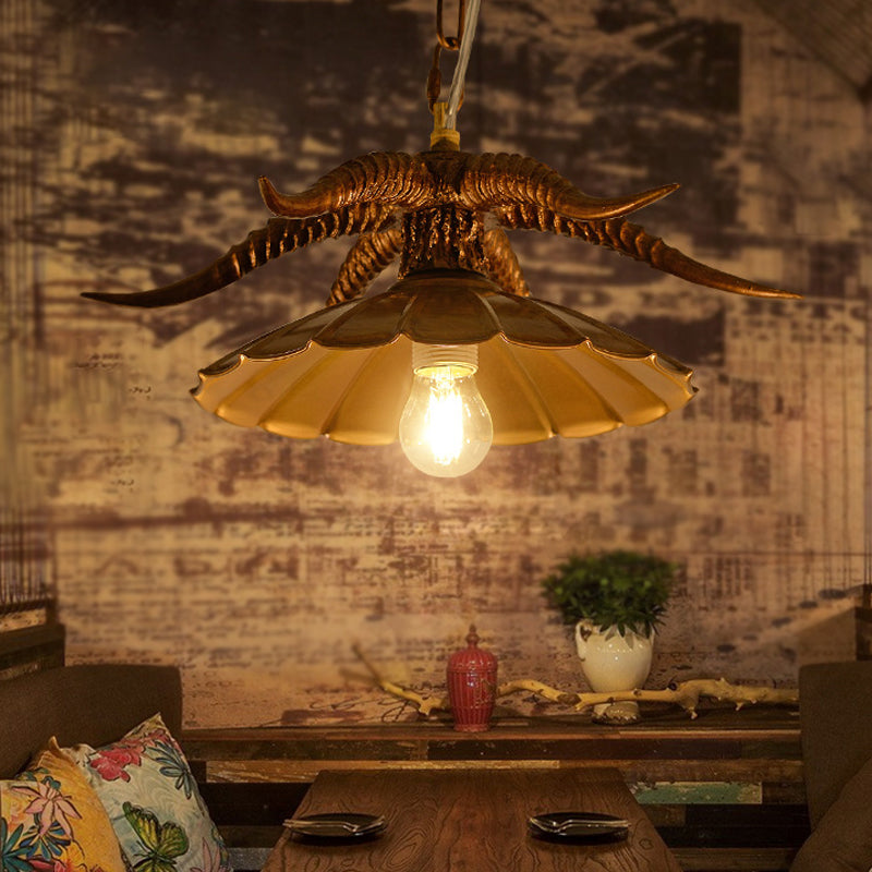 Rustic Resin Ox Horn Hanging Lamp: Brass/White Pendant Light With Scalloped Shade