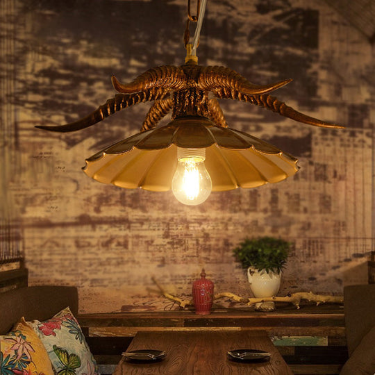 Rustic Resin Ox Horn Hanging Lamp: Brass/White Pendant Light With Scalloped Shade