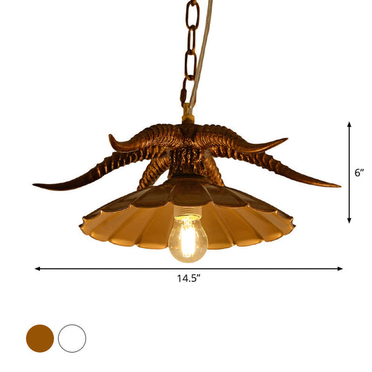 Rustic Resin Ox Horn Hanging Lamp: Brass/White Pendant Light With Scalloped Shade