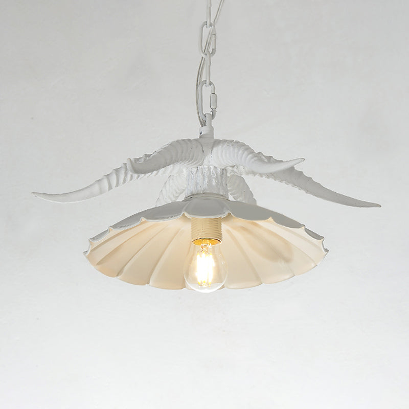 Rustic Resin Ox Horn Hanging Lamp: Brass/White Pendant Light With Scalloped Shade