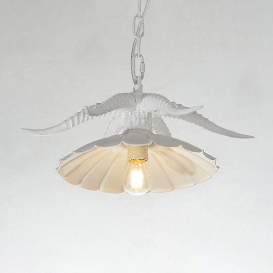 Rustic Resin Ox Horn Hanging Lamp: Brass/White Pendant Light With Scalloped Shade