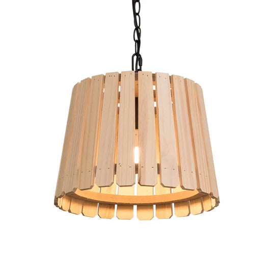 Rustic Hollowed Barrel Wood Pendant Lamp With Chain - Perfect For Hanging Over Tables