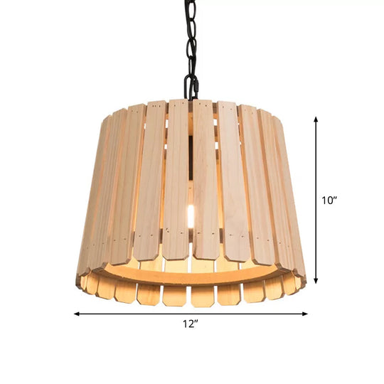 Rustic Hollowed Barrel Wood Pendant Lamp With Chain - Perfect For Hanging Over Tables