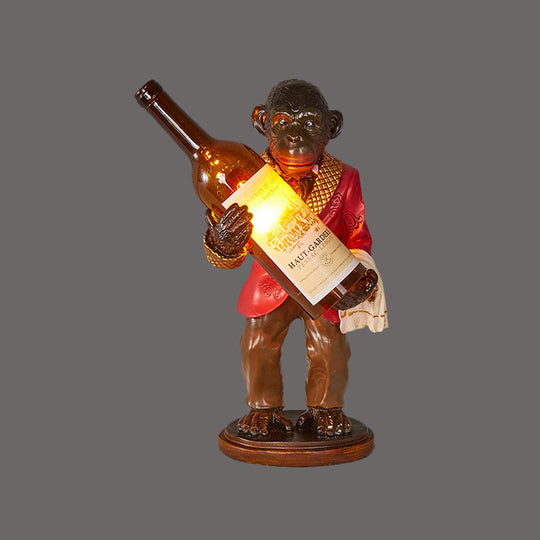 Retro Gorilla Wine Holder 1-Light Desk Lamp In Amber Glass For Night Table Red/Gold