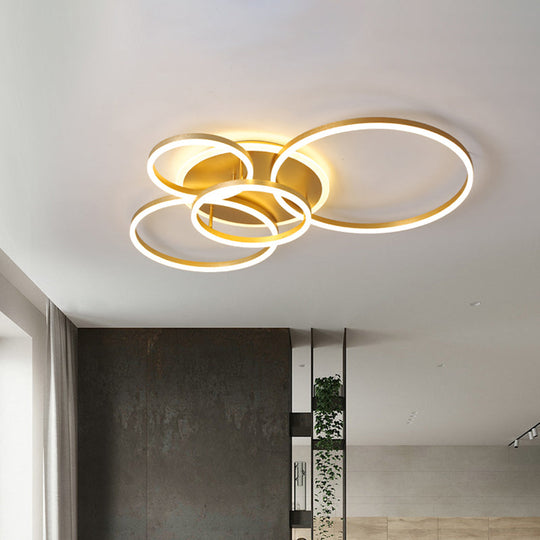 Modernist LED Flushmount Gold Hoop Ceiling Light, Acrylic Shade, Warm/White Light – 2/3/5-Head