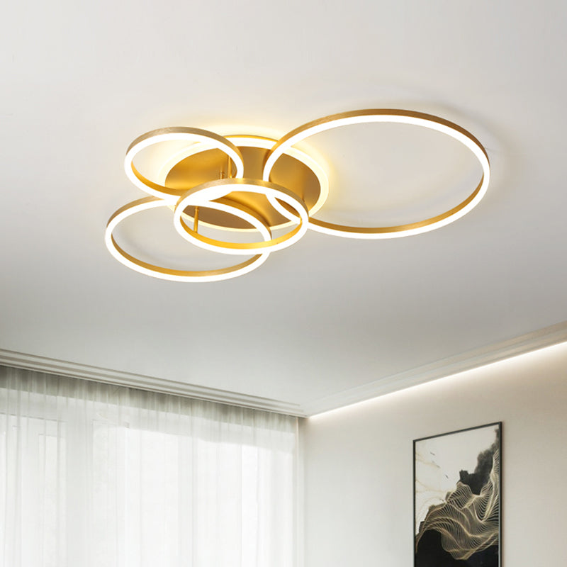 Modernist LED Flushmount Gold Hoop Ceiling Light, Acrylic Shade, Warm/White Light – 2/3/5-Head