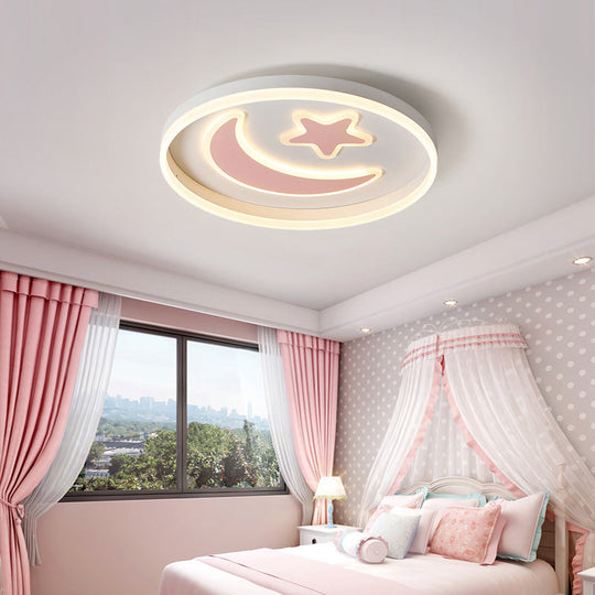 Kid's LED Ceiling Light with Moon-Star Pattern - Acrylic Flush Mount Lighting for Bedrooms (Black/White/Pink)