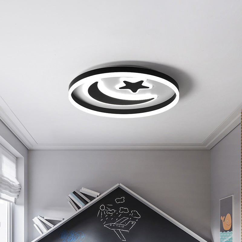 Kid's LED Ceiling Light with Moon-Star Pattern - Acrylic Flush Mount Lighting for Bedrooms (Black/White/Pink)