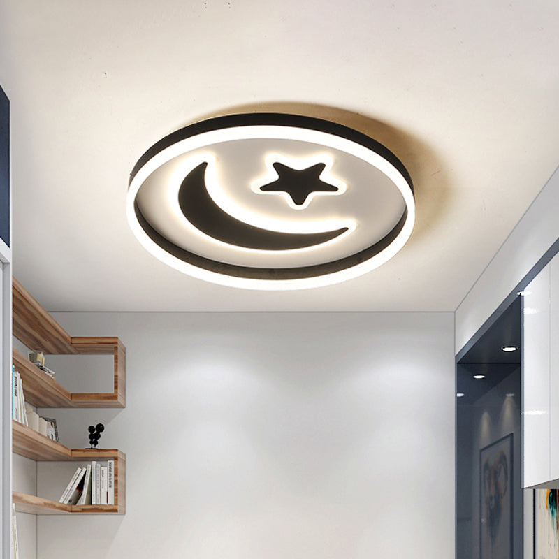 Kid's LED Ceiling Light with Moon-Star Pattern - Acrylic Flush Mount Lighting for Bedrooms (Black/White/Pink)