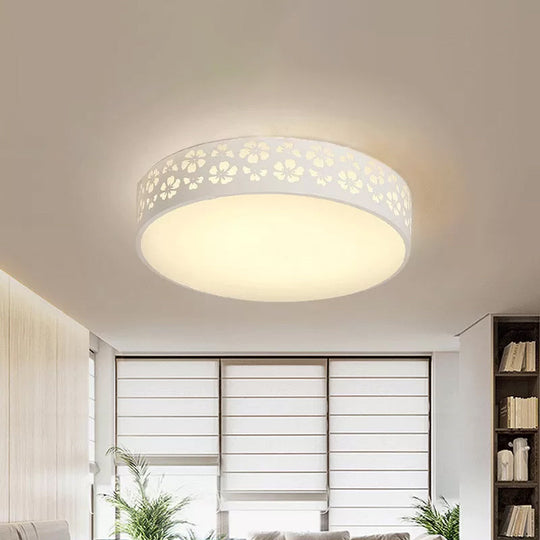 15"/19" Wide Drum Metal Ceiling Lamp - Modern White LED Flush Mount Light with Cutout Flower, White/3 Color Lighting