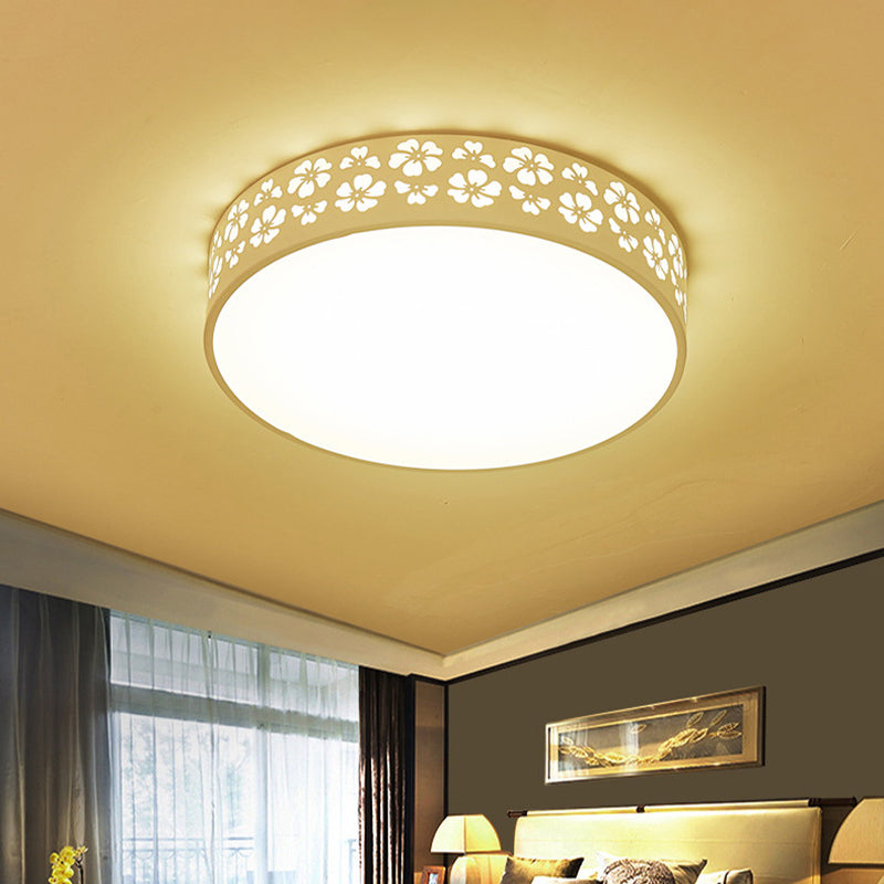 15"/19" Wide Drum Metal Ceiling Lamp - Modern White LED Flush Mount Light with Cutout Flower, White/3 Color Lighting