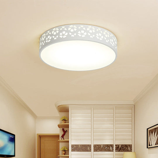 15"/19" Wide Drum Metal Ceiling Lamp - Modern White LED Flush Mount Light with Cutout Flower, White/3 Color Lighting