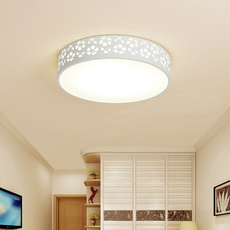 15/19 Wide Drum Metal Ceiling Lamp - Modern White Led Flush Mount Light With Cutout Flower White/3