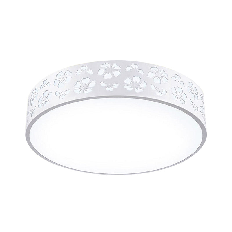 15"/19" Wide Drum Metal Ceiling Lamp - Modern White LED Flush Mount Light with Cutout Flower, White/3 Color Lighting