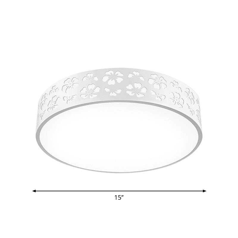 15"/19" Wide Drum Metal Ceiling Lamp - Modern White LED Flush Mount Light with Cutout Flower, White/3 Color Lighting