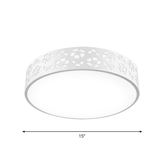 15/19 Wide Drum Metal Ceiling Lamp - Modern White Led Flush Mount Light With Cutout Flower White/3