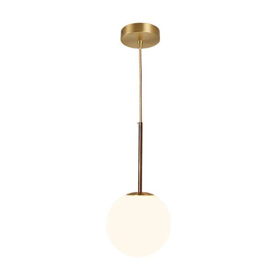 Modern Ball Shaped Pendant Light in Brass with White Glass - 1 Light, 6"/8"/10" Dia - Perfect for Bedrooms