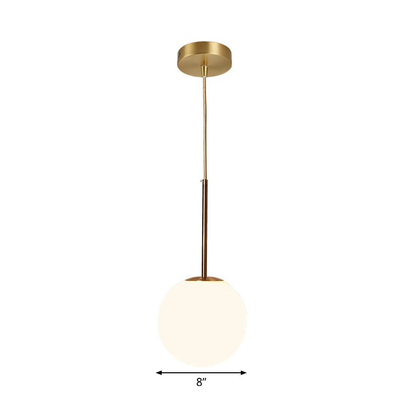 Modern Ball Shaped Pendant Light in Brass with White Glass - 1 Light, 6"/8"/10" Dia - Perfect for Bedrooms