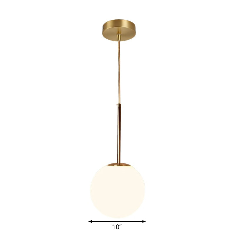 Modern Ball Shaped Pendant Light in Brass with White Glass - 1 Light, 6"/8"/10" Dia - Perfect for Bedrooms