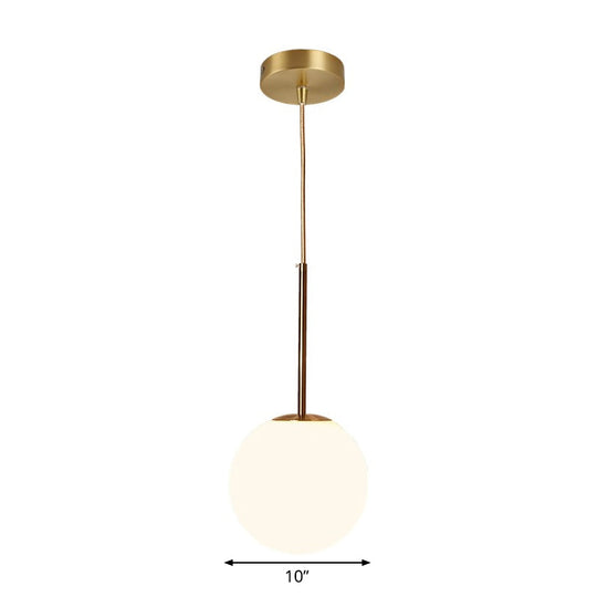 Modern Ball Shaped Pendant Light in Brass with White Glass - 1 Light, 6"/8"/10" Dia - Perfect for Bedrooms