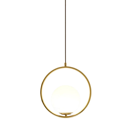 Modern Black/Gold Hanging Lamp With Frosted White Glass Ringed Pendant 10/12/14 Width