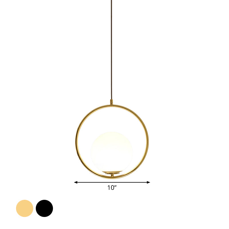 Modern Black/Gold Hanging Lamp With Frosted White Glass Ringed Pendant 10/12/14 Width