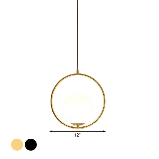 Modern Black/Gold Hanging Lamp With Frosted White Glass Ringed Pendant 10/12/14 Width
